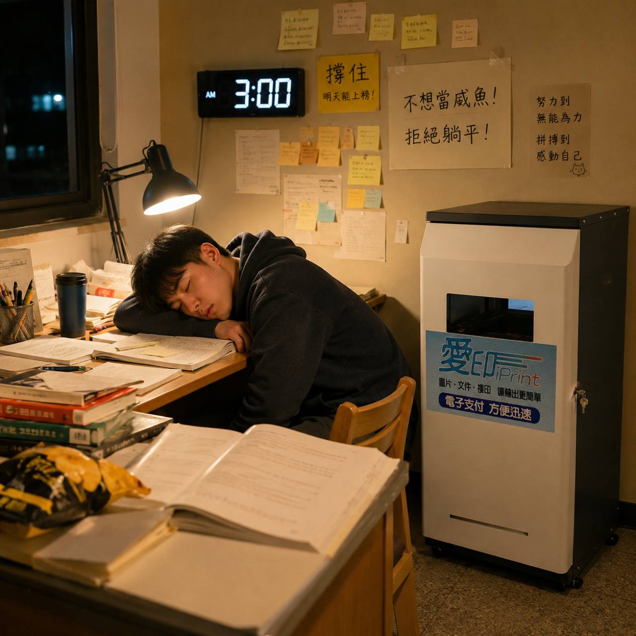 凌晨三點的書桌旁有熟睡學生與愛印 iPrint 自助列印機台，主題是期末週深夜讀書後準備列印資料