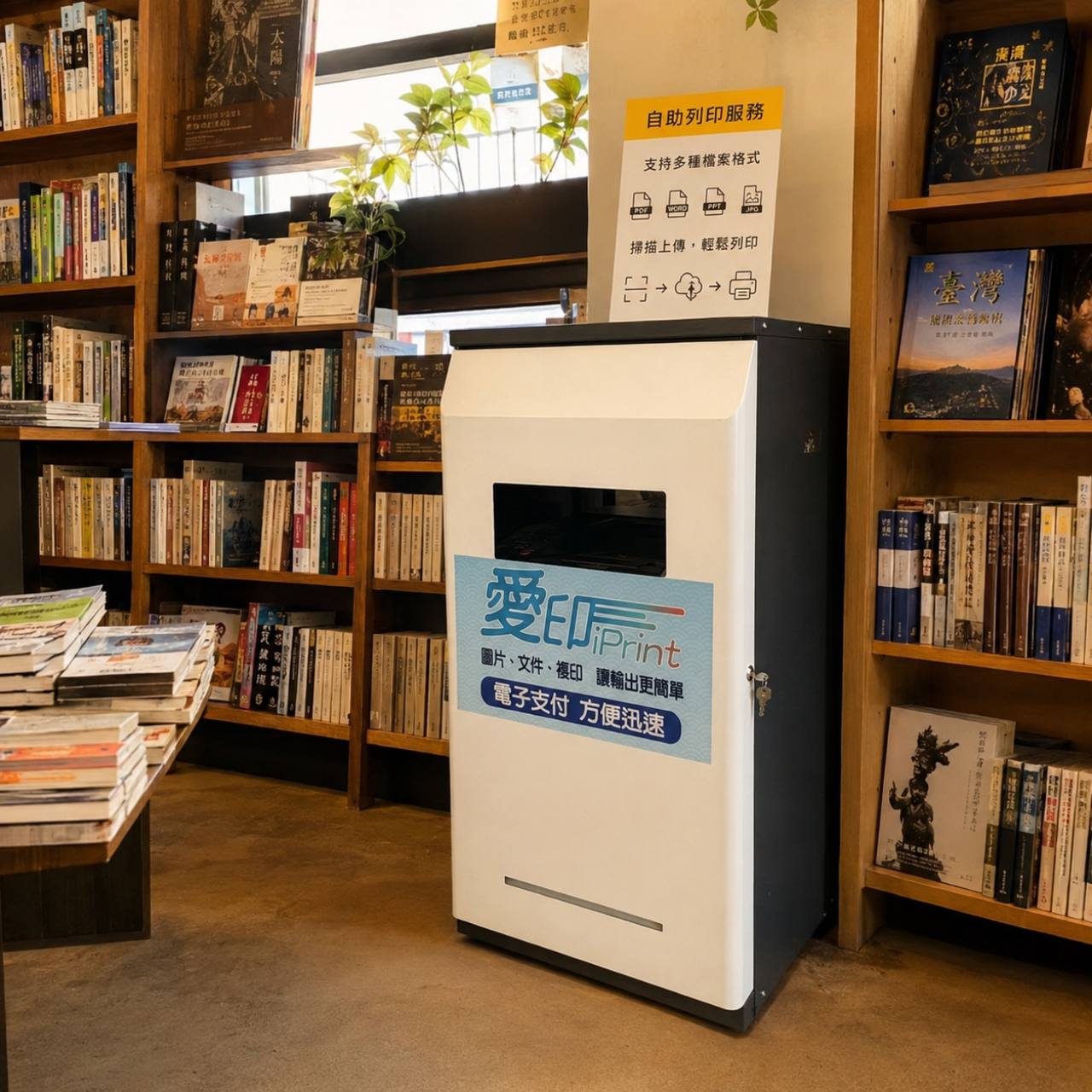 書局書架旁放著愛印 iPrint 自助列印機台與自助列印服務說明牌，主題是書局和日常動線裡的自助列印服務