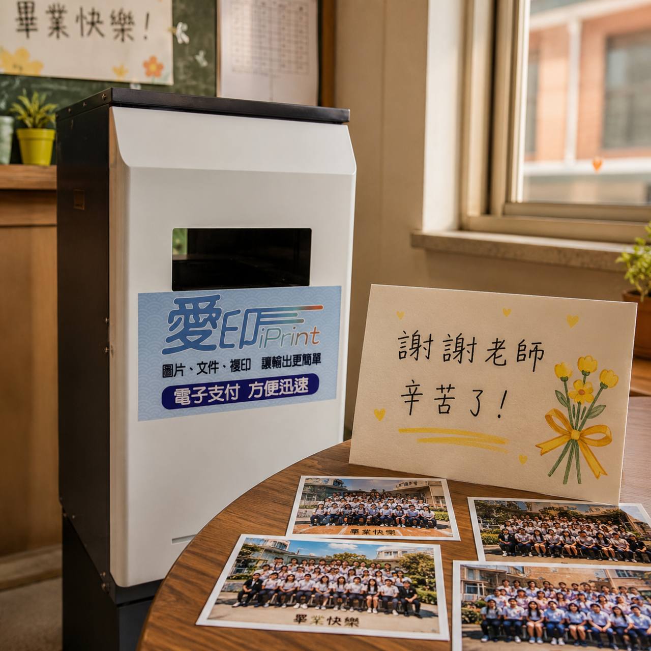 愛印 iPrint 自助列印機台旁放著謝師卡與多張班級合照，主題是畢業季謝師卡和照片列印