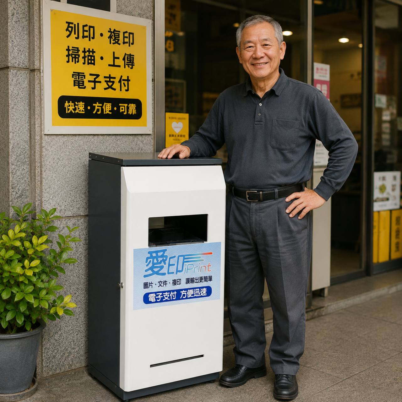 老潘站在愛印 iPrint 自助列印機台旁，後方看板寫著列印、複印、掃描、上傳與電子支付，主題是自助列印服務的公開透明與安心感