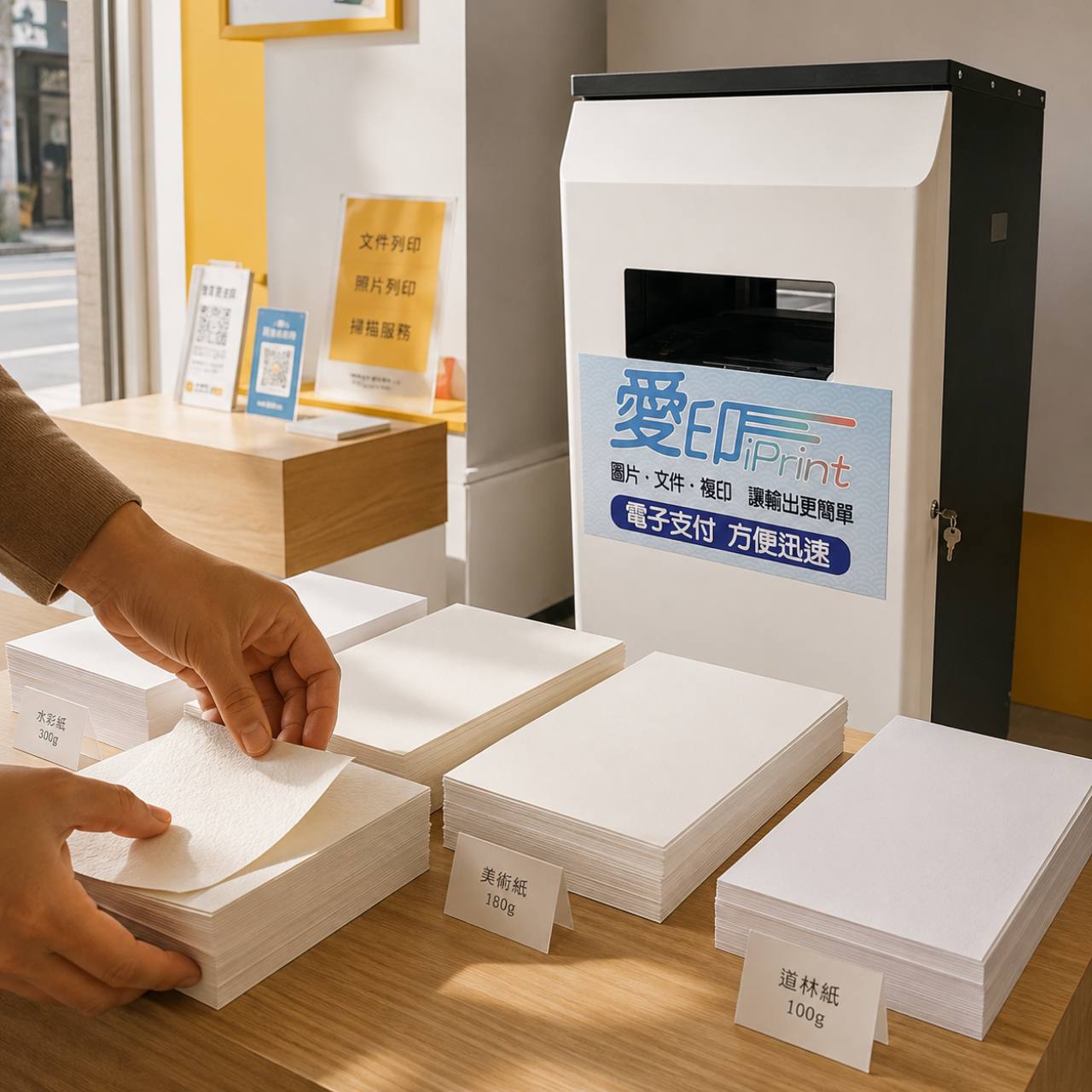 愛印 iPrint 自助列印機台旁擺放多疊不同紙張樣品，手正在觸摸紙張表面，主題是紙張磅數和列印質感選擇