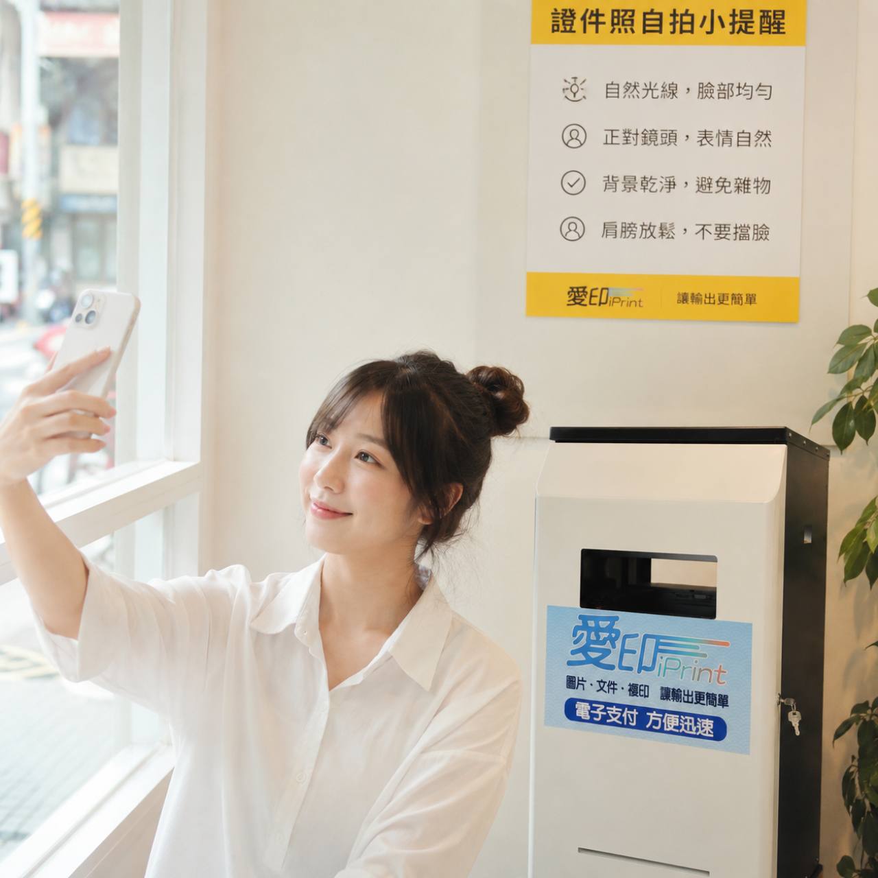 一名女子在窗邊用手機自拍證件照，旁邊有愛印 iPrint 自助列印機台與證件照自拍小提醒海報
