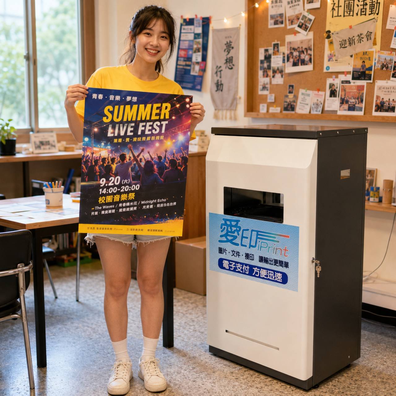 一名學生在社團空間拿著彩色活動海報，旁邊有愛印 iPrint 自助列印機台，主題是社團活動海報列印與校園宣傳