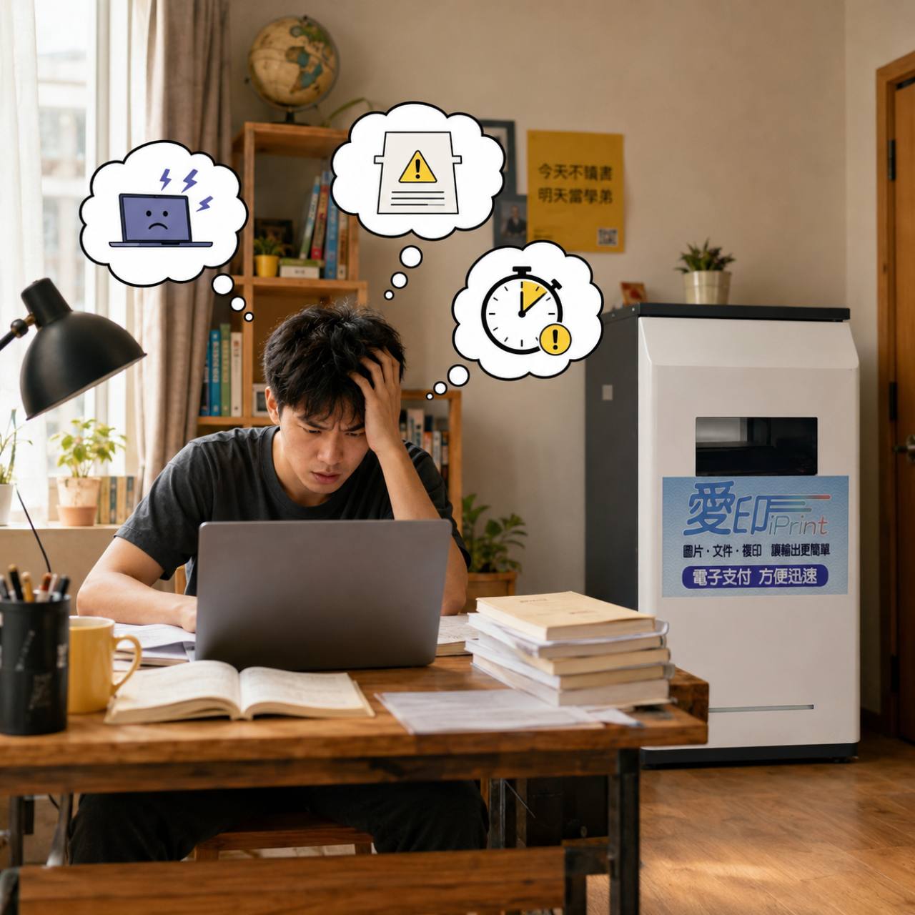 一名學生在桌前看著筆電露出焦慮神情，旁邊有愛印 iPrint 自助列印機台和當機、列印警示、截止時間的圖示，主題是期末週列印卡關