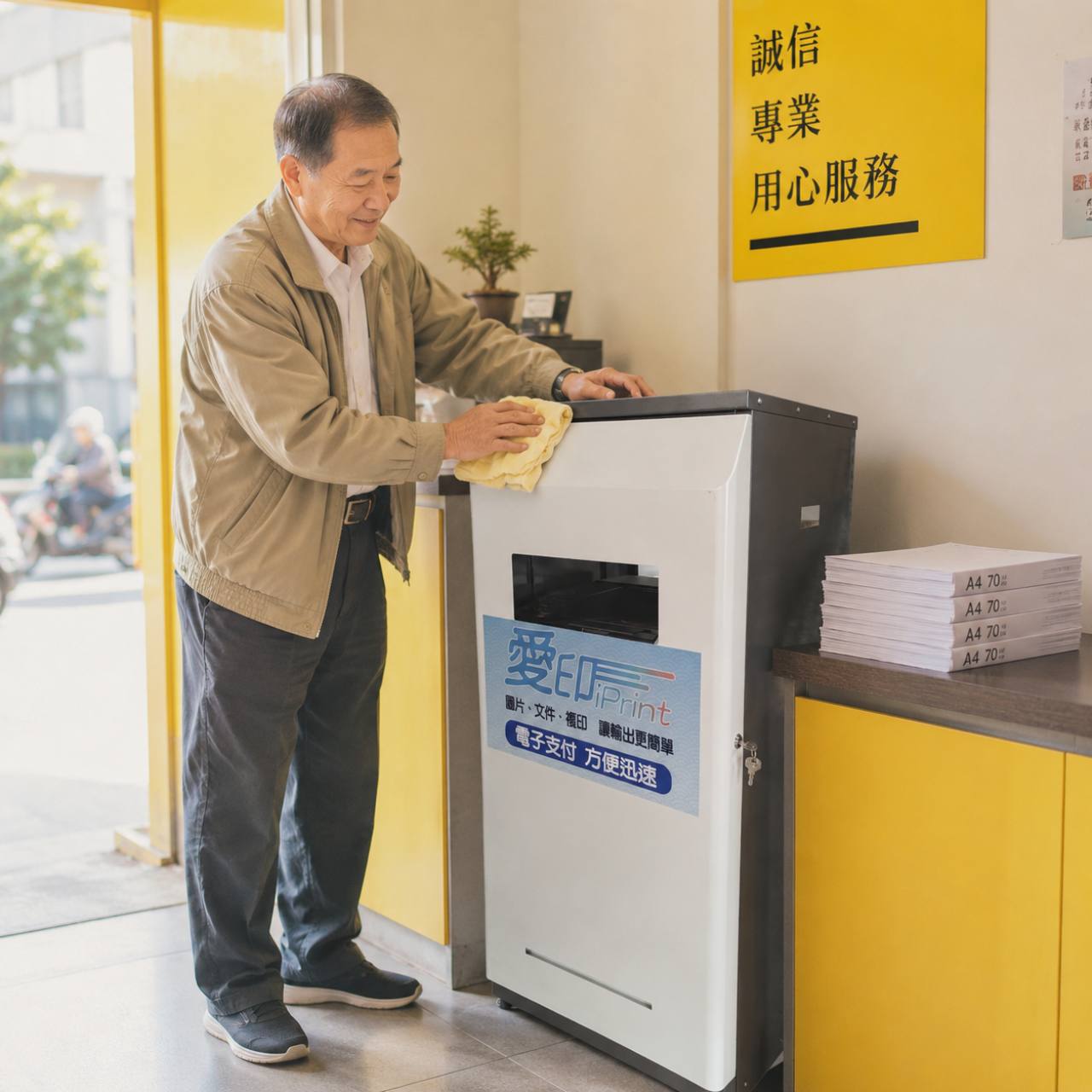 老潘在店內擦拭愛印 iPrint 自助列印機台，旁邊有 A4 紙張和誠信專業用心服務標語，主題是機台巡檢與自助列印服務維護