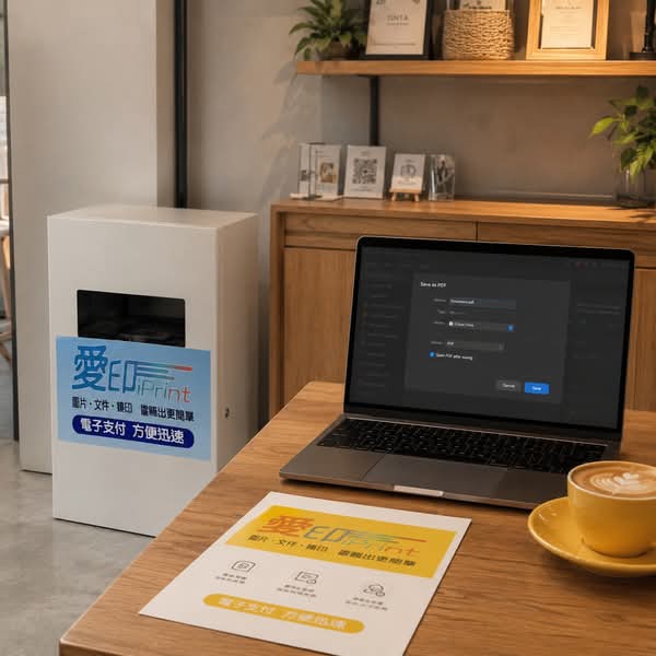 咖啡店桌面上的筆電、文件和愛印自助列印設備