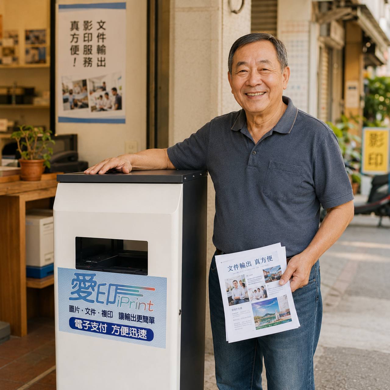 老潘站在愛印自助列印系統機台旁，手拿輸出文件，主題是支持台灣在地自助列印服務