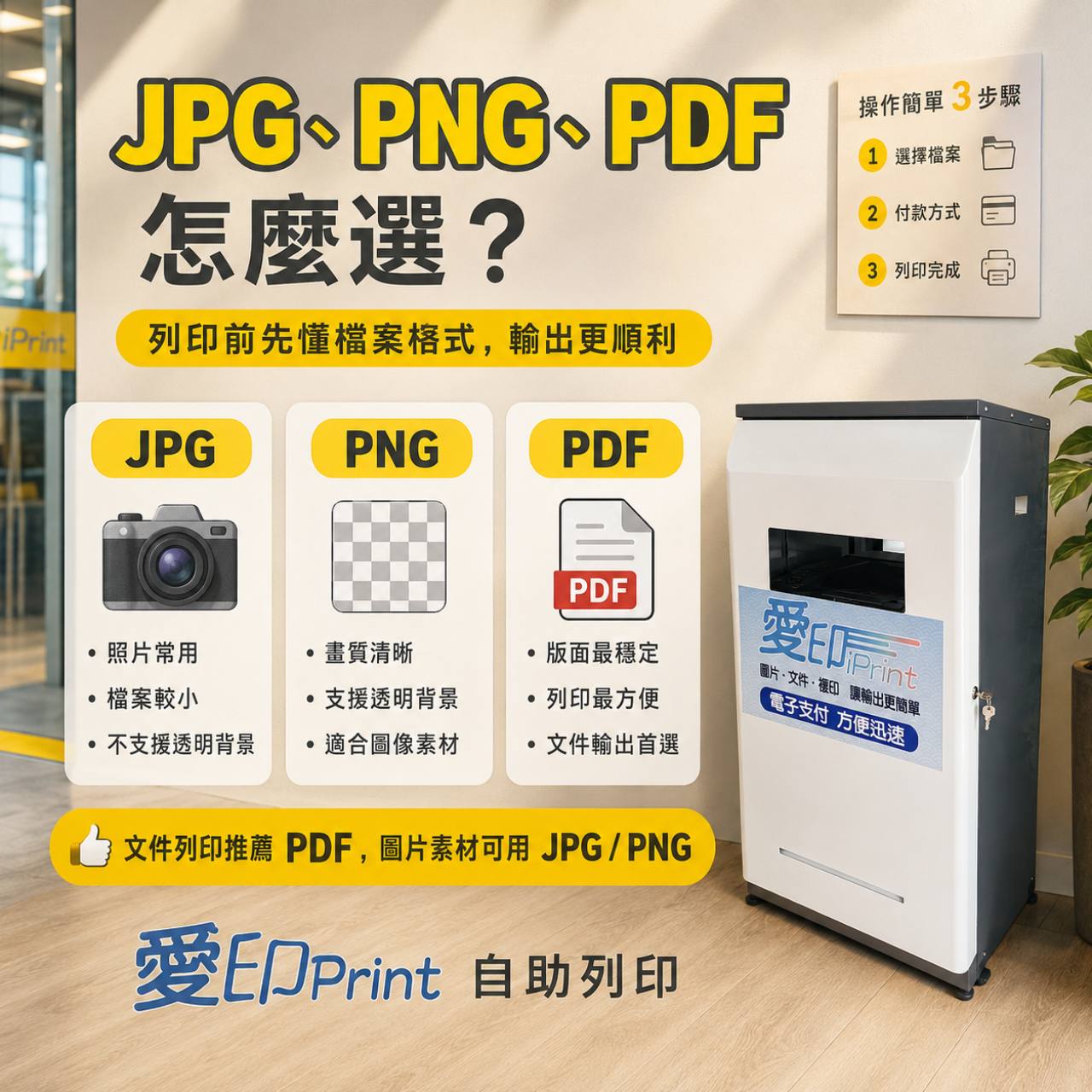 愛印 iPrint 自助列印機台旁的 JPG、PNG、PDF 檔案格式比較資訊圖
