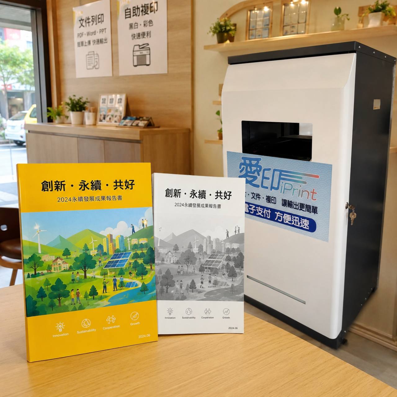 愛印 iPrint 自助列印機台旁放著彩色與黑白報告書，主題是報告封面彩色列印搭配黑白內文